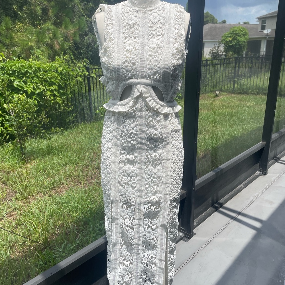 Self-Portrait White Lace Midi Dress with Cutout and Ruffle Detail